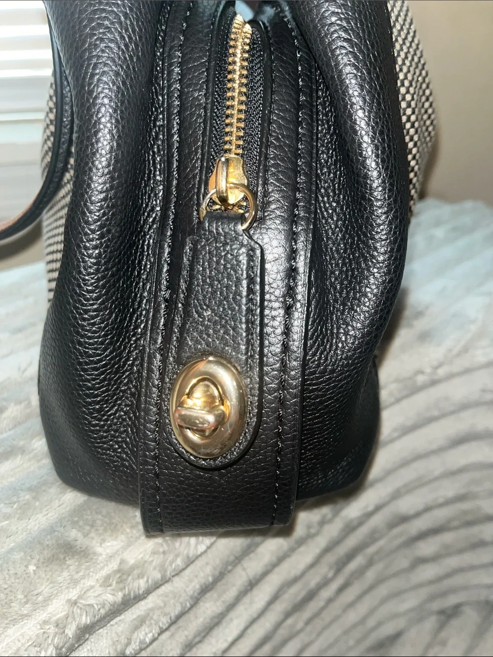 COACH Black & White Patterned Tote Bag with Black Trim